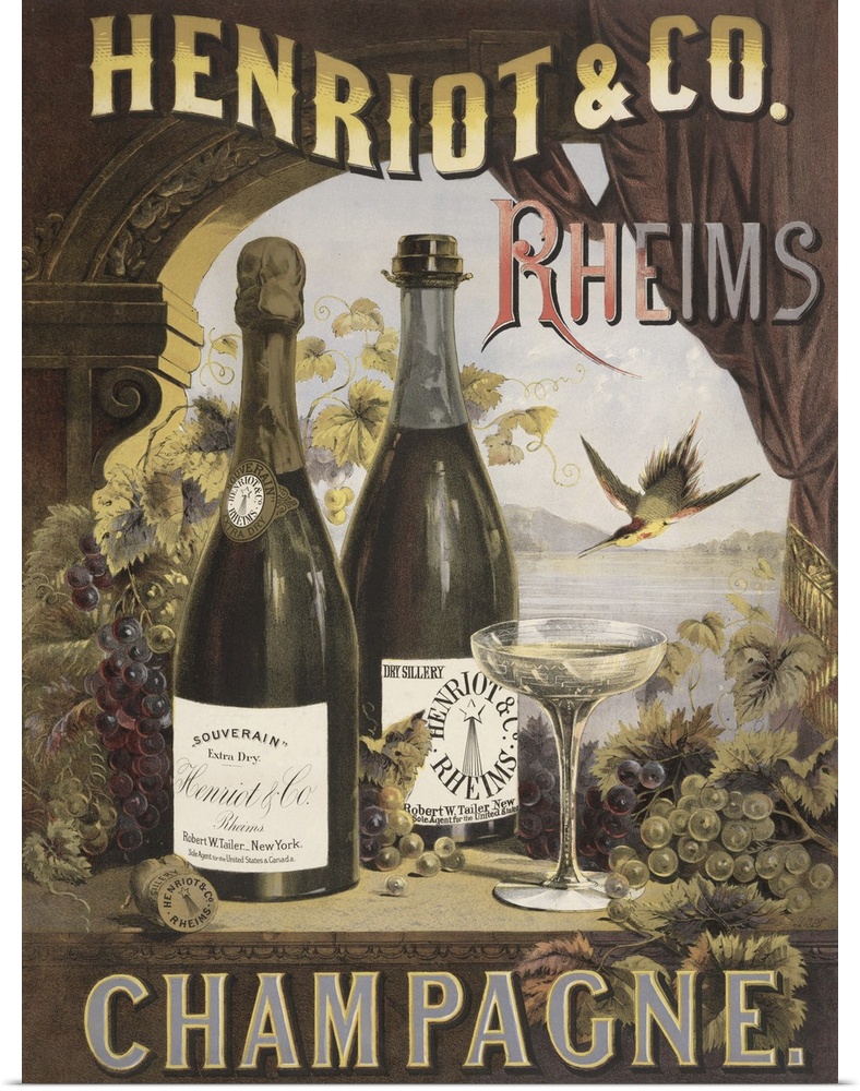Vintage advertisement for Henriot & Co Rheims champagne with a coupe glass and champagne bottles on a windowsill