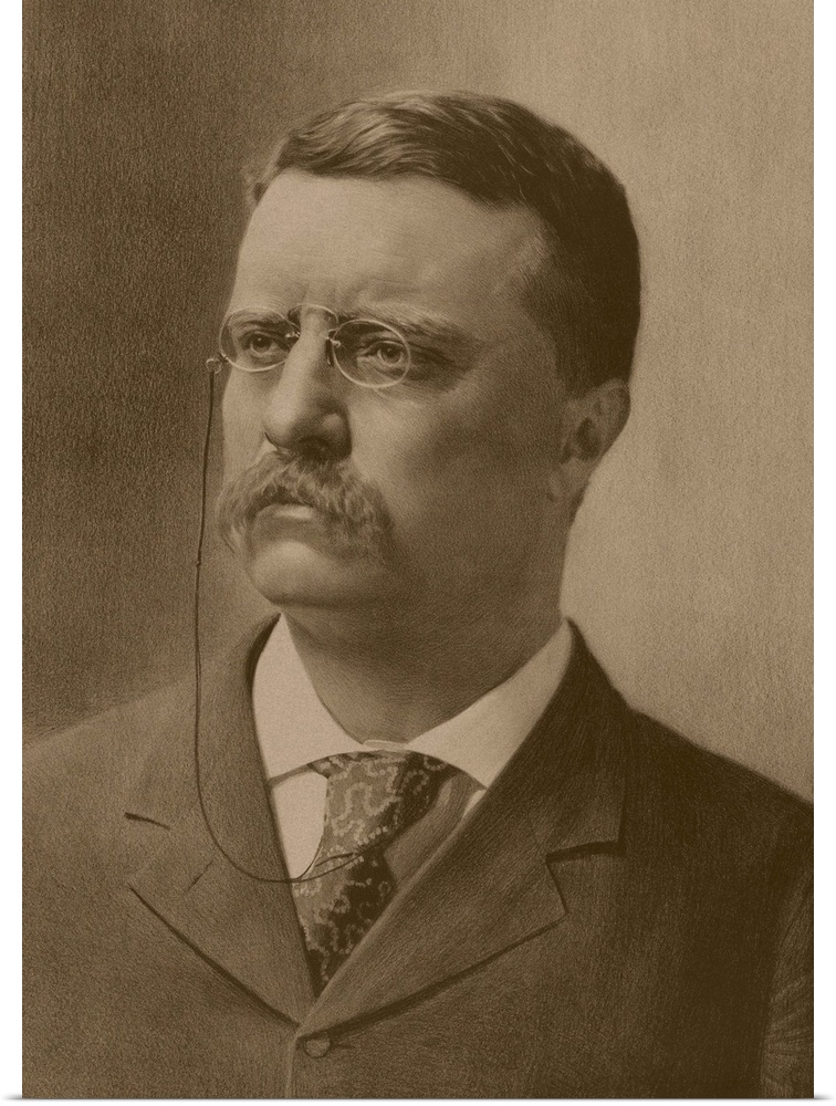 Vintage American history print of a younger President Theodore Roosevelt.