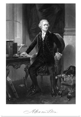 Vintage American History print of Alexander Hamilton sitting at his desk