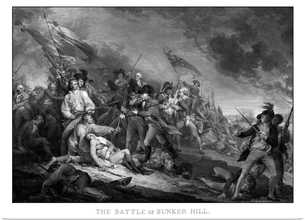 Vintage American Revolutionary War print of the Battle of Bunker Hill. The battle took place June 17, 1776 during the Sieg...