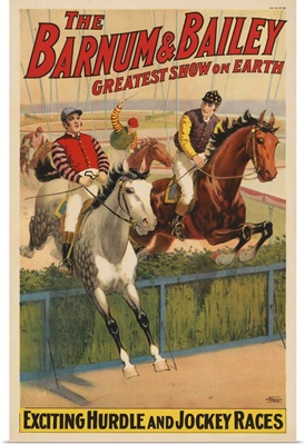 Vintage Barnum & Bailey Circus Poster Of Jockeys On Horses Jumping A Hedge, 1900