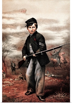 Vintage Civil War print of a Union Drummer Boy holding a rifle on battlefield