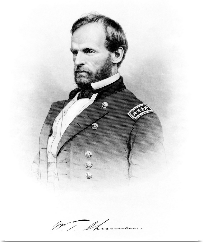 Vintage Civil War print of General William Tecumseh Sherman and his signature.