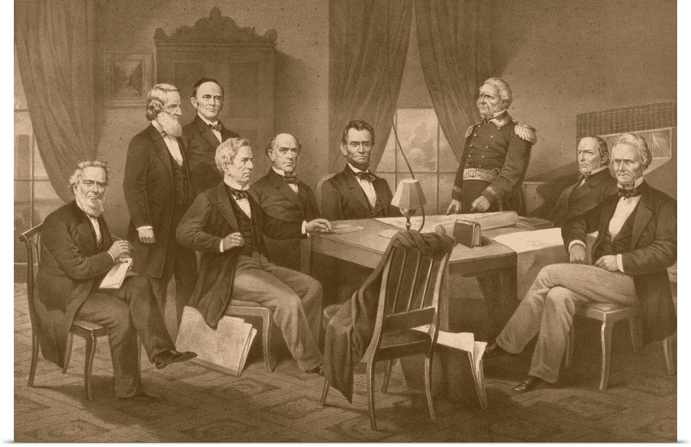 Vintage Civil War print of President Abraham Lincoln and his cabinet.