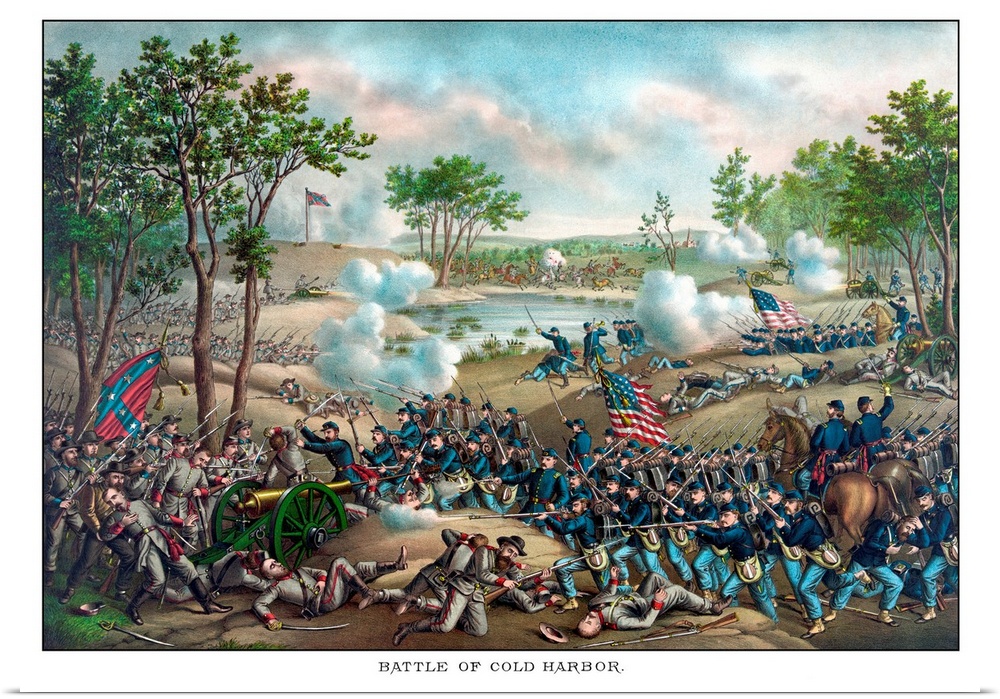 Vintage Civil War print of the Battle of Cold Harbor. Cold Harbor took place June 1864, between the armies General Grant a...