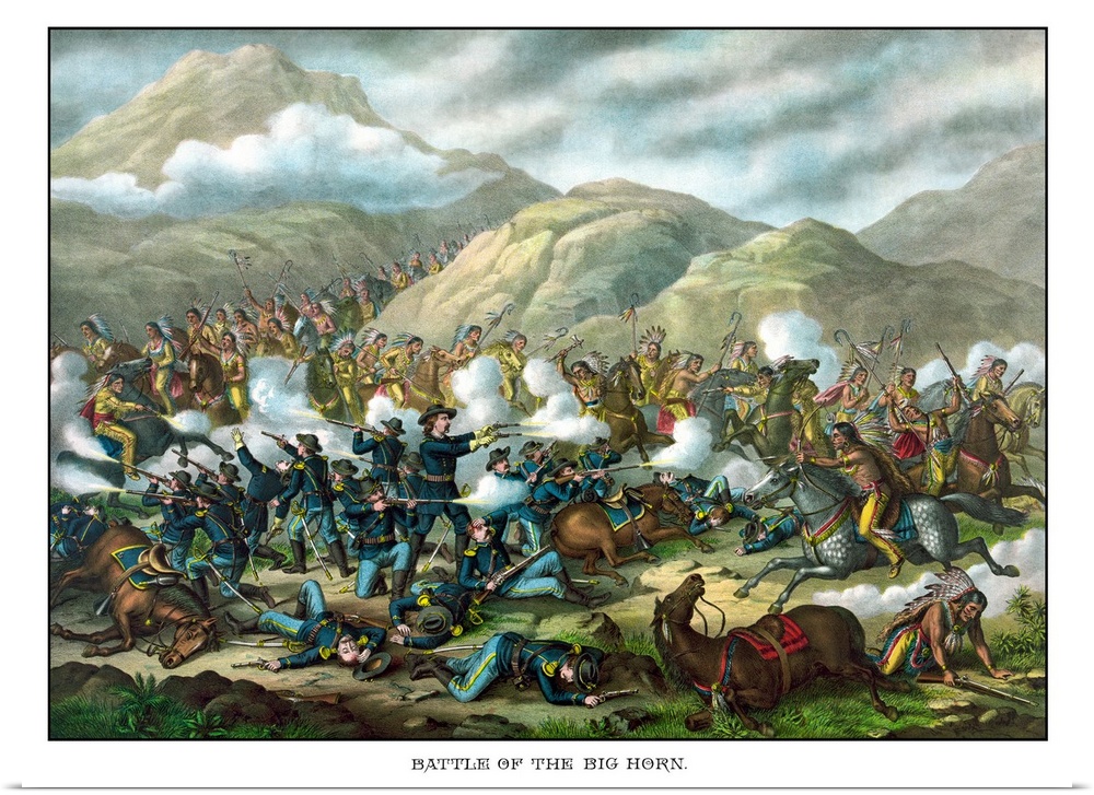 Vintage military print featuring The Battle of Little Bighorn, also known as Custer's Last Stand. The poster is titled, Ba...