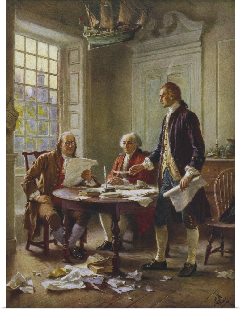 Vintage painting of Benjamin Franklin, John Adams, and Thomas Jefferson writing the Declaration of Independence.