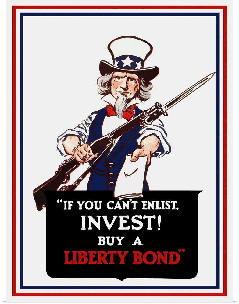 Vintage poster of Uncle Sam holding a rifle and holding out a liberty bond.