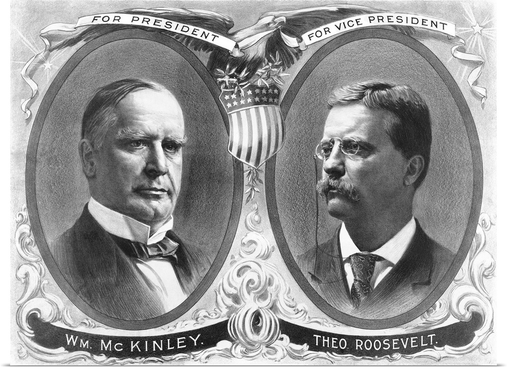 Vintage presidential election poster of President William McKinley and his running mate, Theodore Roosevelt.