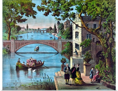 Vintage print of Ben Franklin being greeted along the bank of a river in France