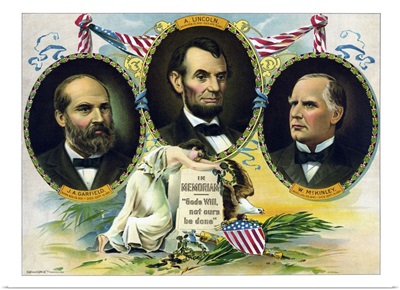 Vintage print of Presidents James Garfield, Abraham Lincoln, and William McKinley
