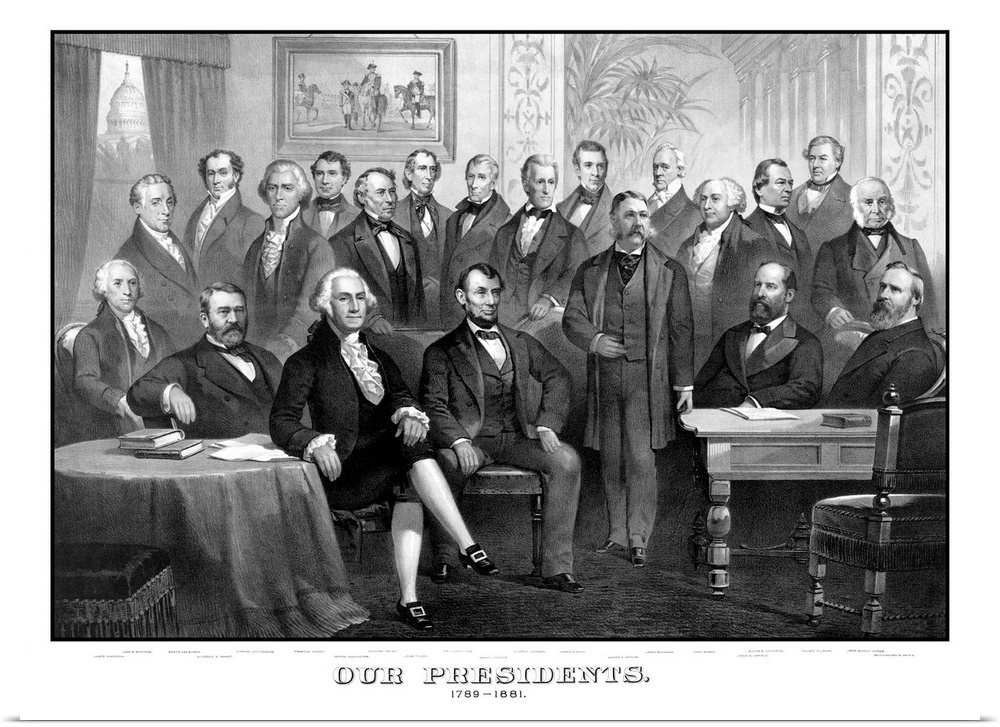 Vintage American history print of the first twenty-one Presidents of The United States seated together in The White House....