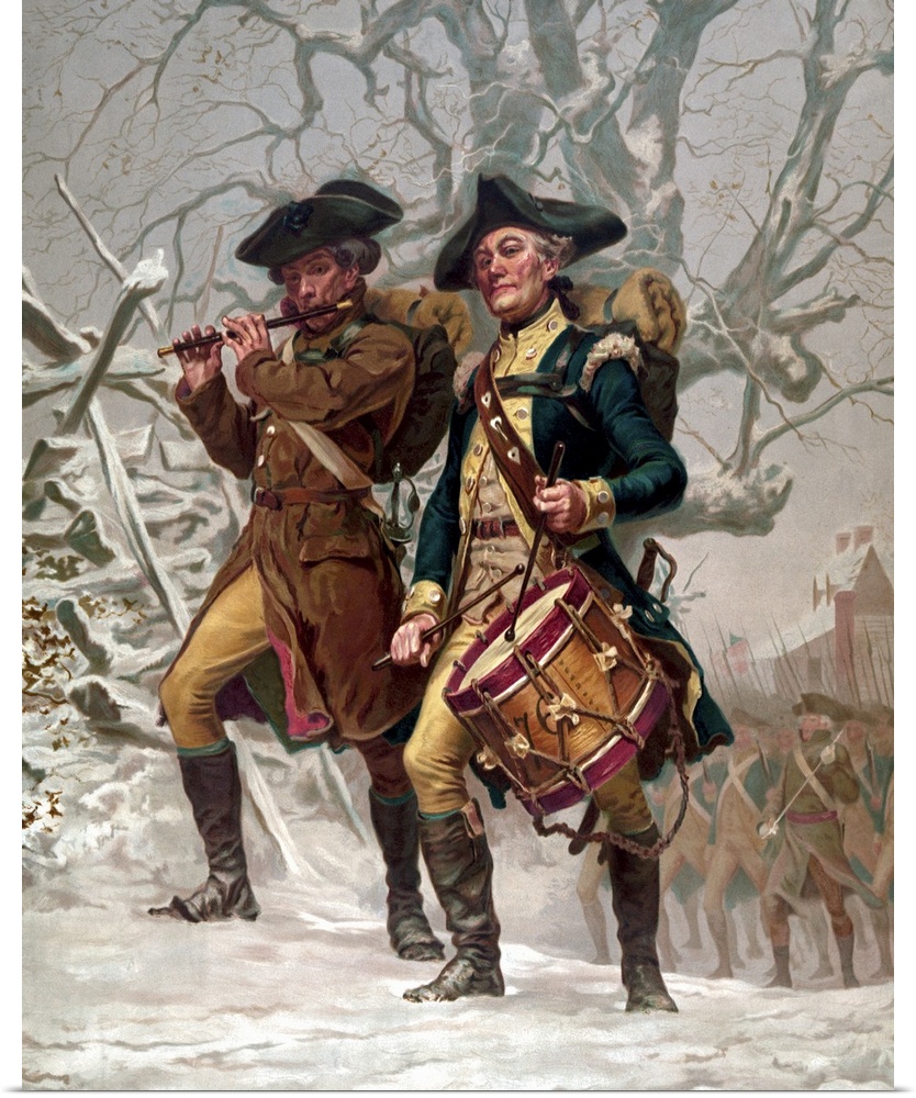 Vintage Revolutionary War Print of American minutemen being led into battle by a drummer and a soldier playing a flute.