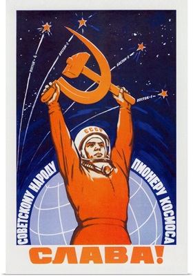 Vintage Soviet space poster of a cosmonaut raising a hammer and sickle