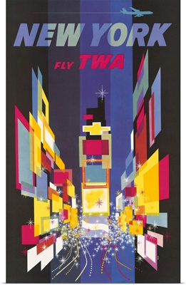 Vintage Travel Poster, Fly TWA, New York, Times Square, 1956