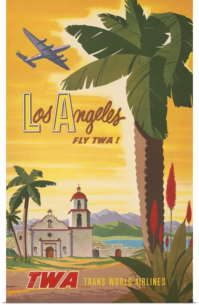 Vintage travel poster, Fly TWA to Los Angeles, shows airplane flying over a Spanish mission church, 1950