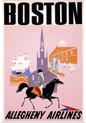 Vintage Travel Poster For Allegheny Airlines To Boston Of Paul Revere On Horseback, 1950