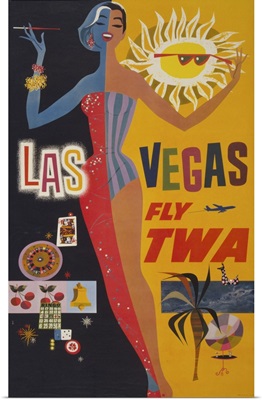 Vintage Travel Poster For Flying TWA To Las Vegas, Of Graphics Of Gambling, 1960