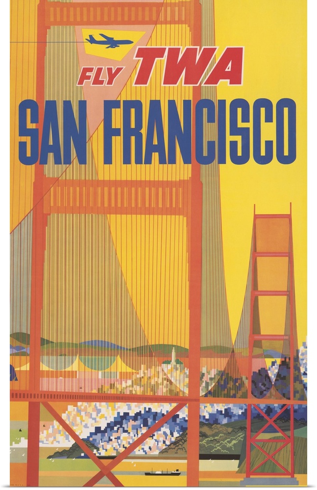 Vintage Travel Poster For Flying TWA To San Francisco With The Golden Gate Bridge, 1957