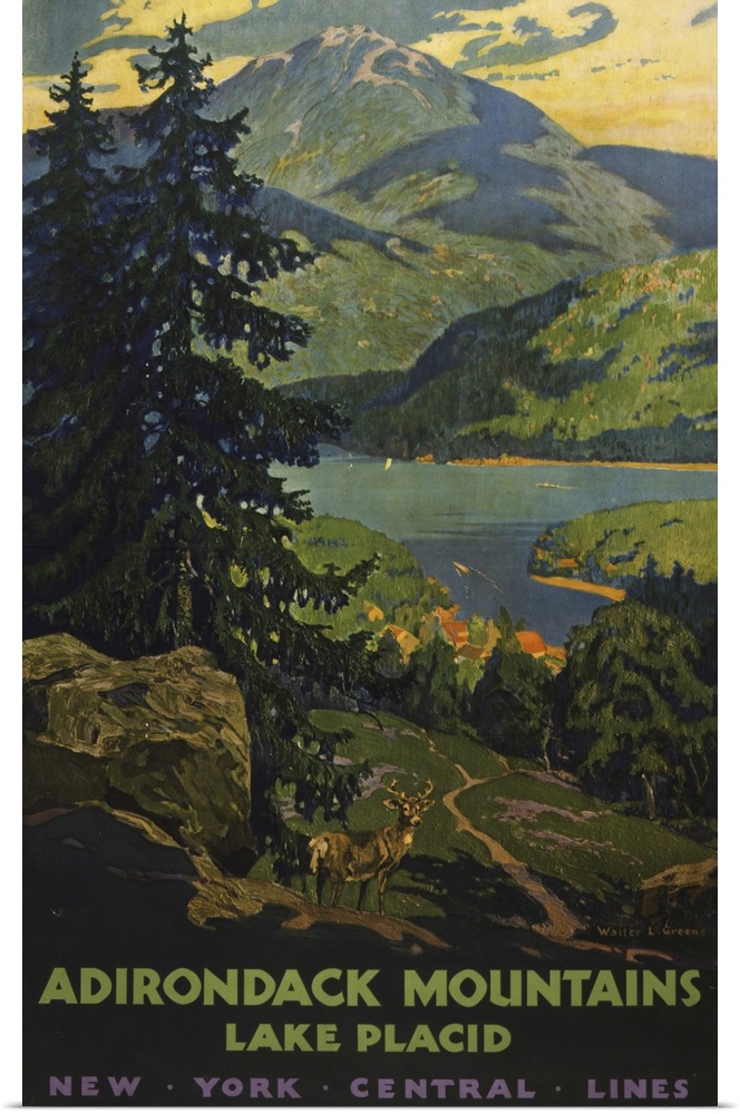 Vintage travel poster for the Adirondack Mountains, of a view of Lake Placid with stag in the foreground, 1920