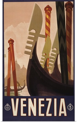 Vintage Travel Poster Of The Decorative Prows Of Gondolas On A Canal In Venice, 1920