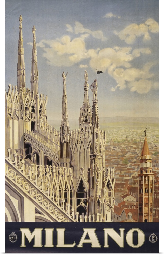 Vintage Travel Poster Of The Roof And Spires Of A Cathedral In Milan, Italy, 1920