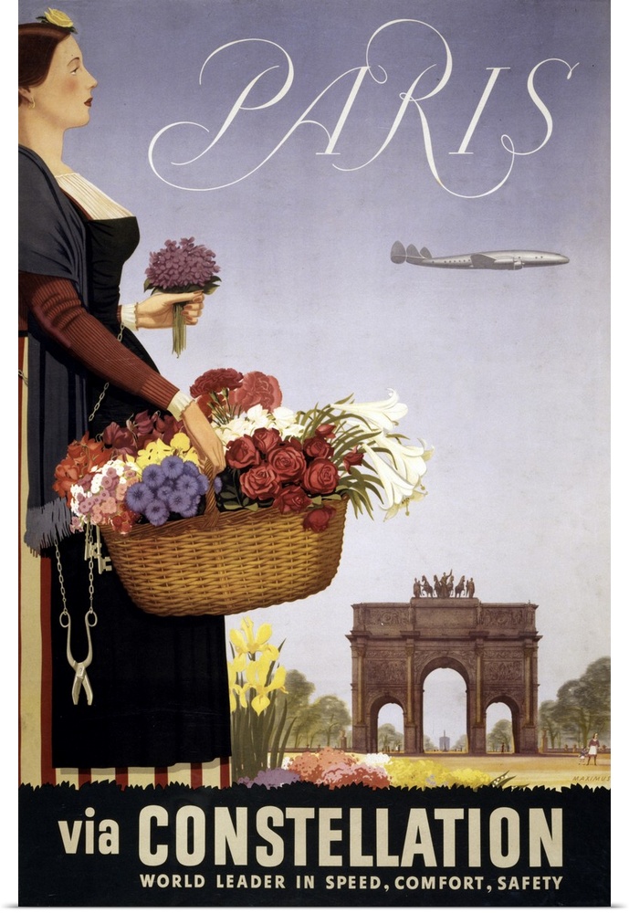 Vintage Travel Poster, Paris Via Constellation, 1950