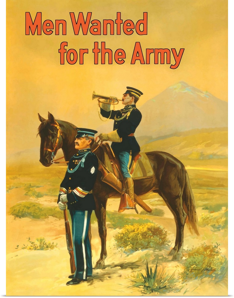 Vintage World War I poster featuring two soldiers, one mounted on a horse blowing a bugle and the other standing with a ri...