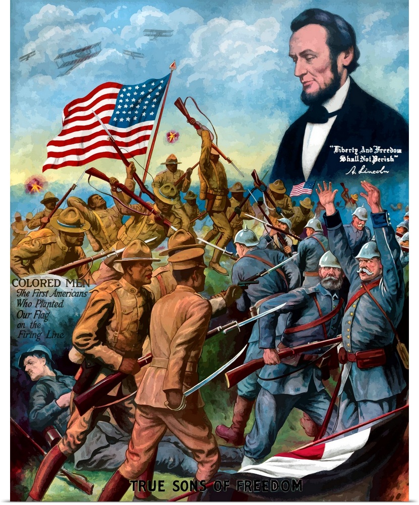 Vintage World War I poster of African American troops in battle during World War I and President Lincoln looking down from...