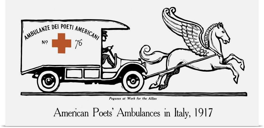 Vintage World War I poster of an ambulance being pulled by Pegasus.