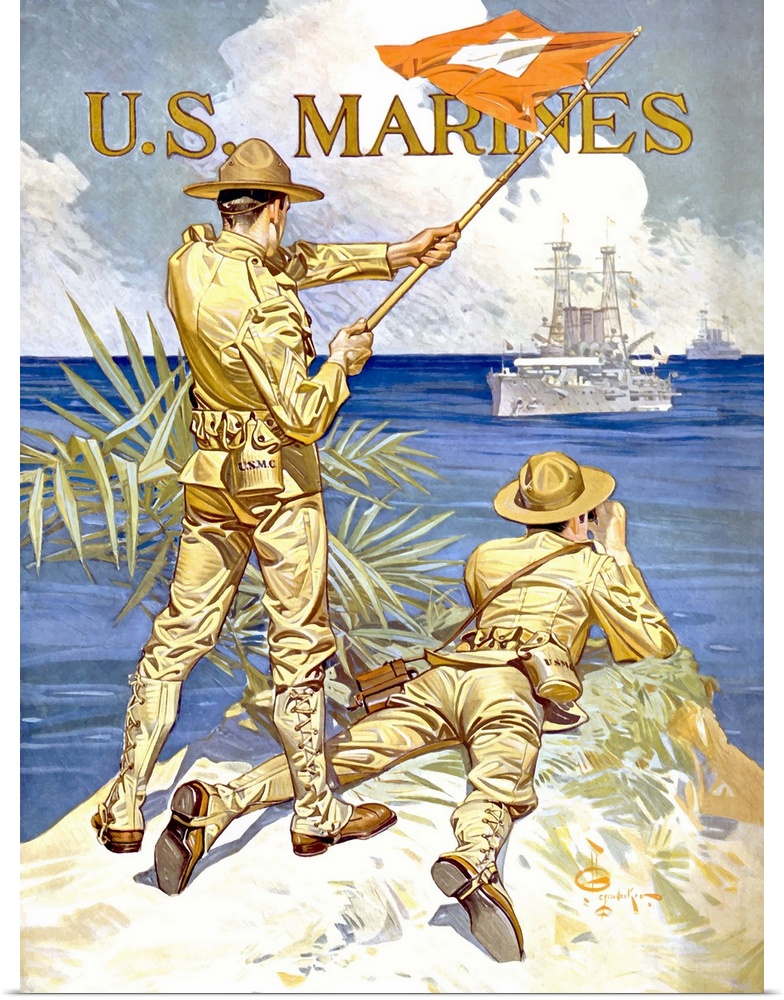 Vintage World War One poster of two marines signaling a ship with a flag. It reads, U.S. Marines.