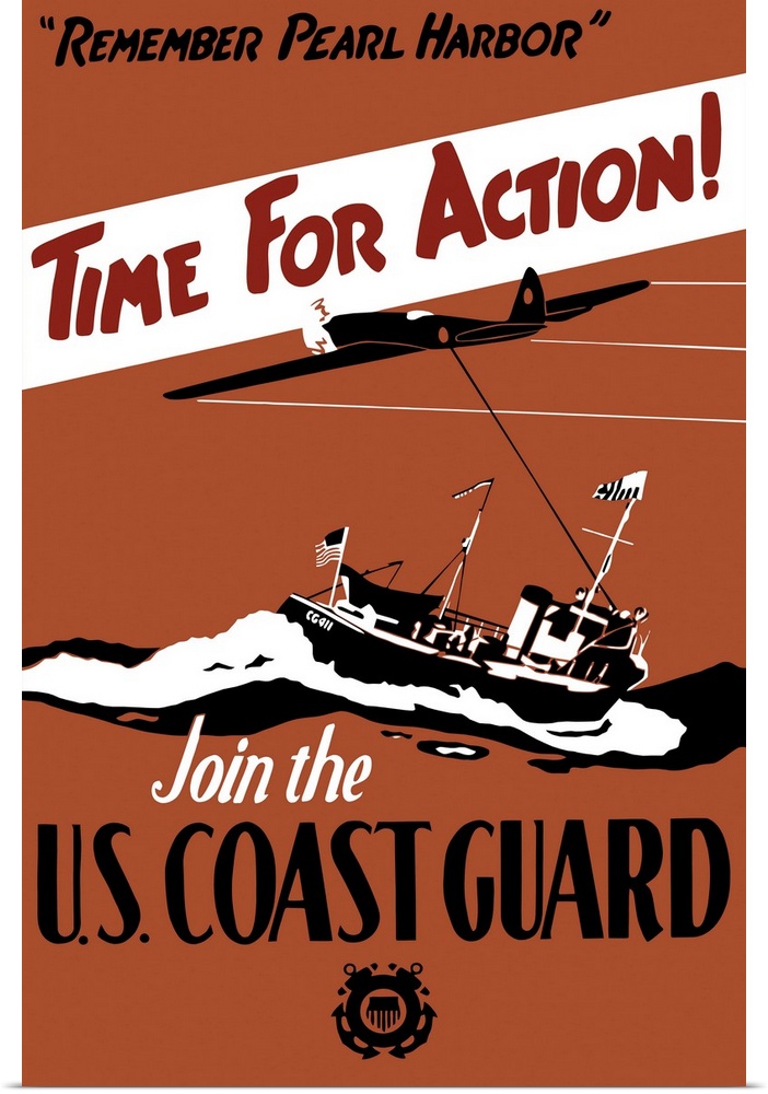 Vintage World War II poster featuring a fighter plane and a ship patrolling the sea.