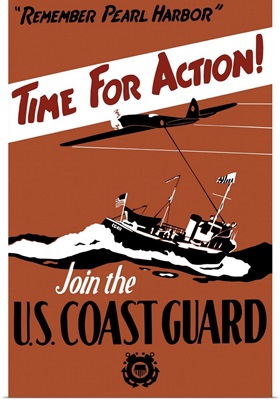 Vintage World War II poster featuring a fighter plane and a ship patrolling the sea