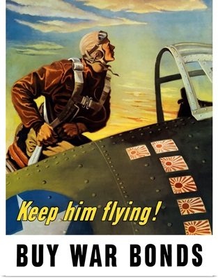 Vintage World War II poster of a fighter pilot climbing into his airplane