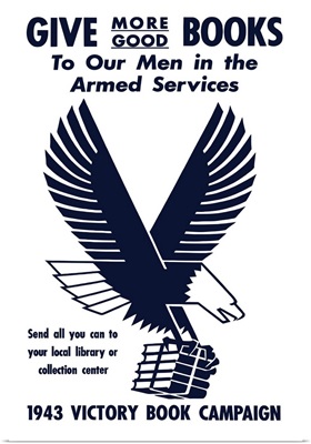 Vintage World War II poster of a flying eagle clutching a bundle of books