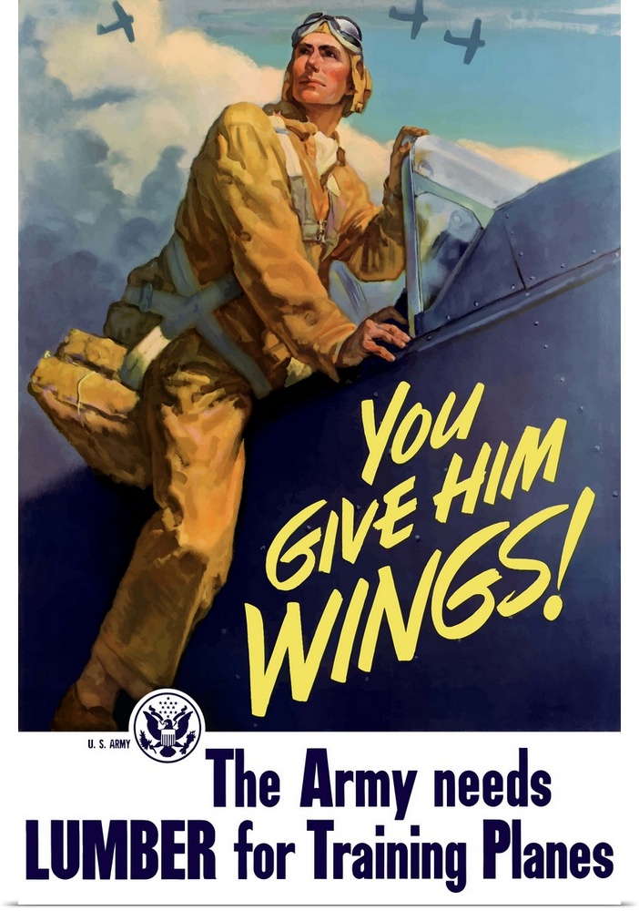 Vintage World War II poster of a pilot getting into his plane, and aircraft flying in the background. It declares - You Gi...