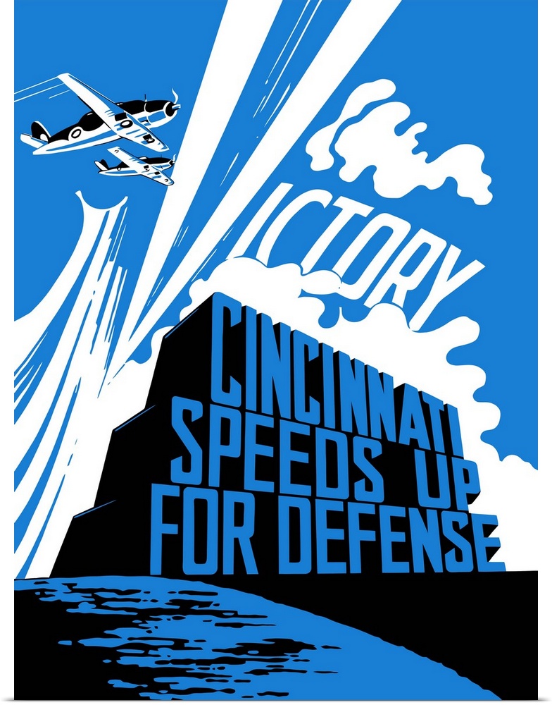 Vintage World War II propaganda poster featuring two fighter planes flying over the ocean as the clouds spell out, Victory...