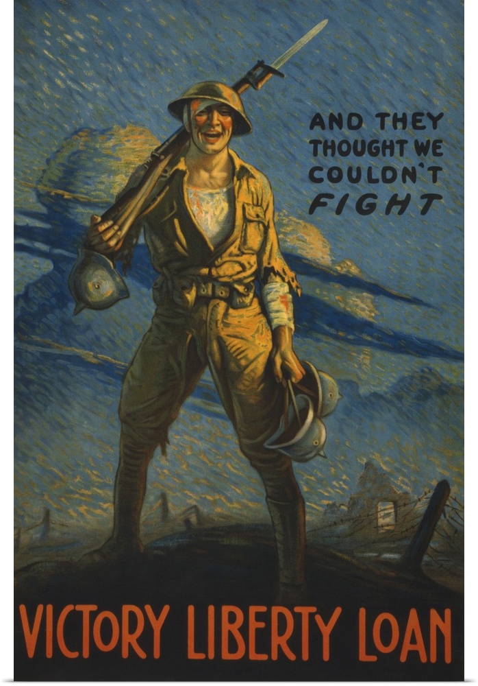 Vintage WWI military propaganda poster of a wounded American soldier on the battlefield, carrying several German helmets.