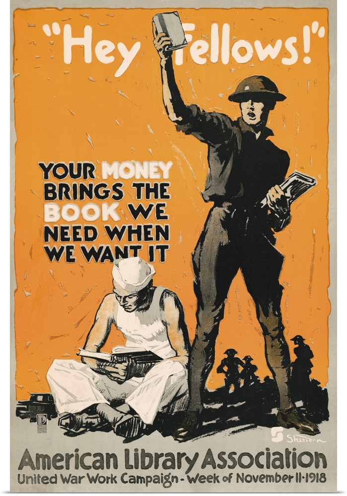 World War I military poster featuring a soldier holding up a book, with a sailor sitting on the ground at his feet, reading.