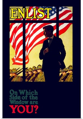 World War I poster of a man looking through a window as troops march past