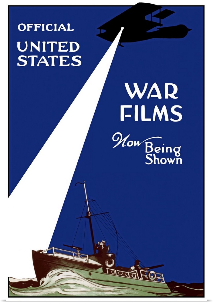 Vintage World War I poster of a Navy patrol boat in the sea and a plane shining a spotlight. It reads, Official United Sta...