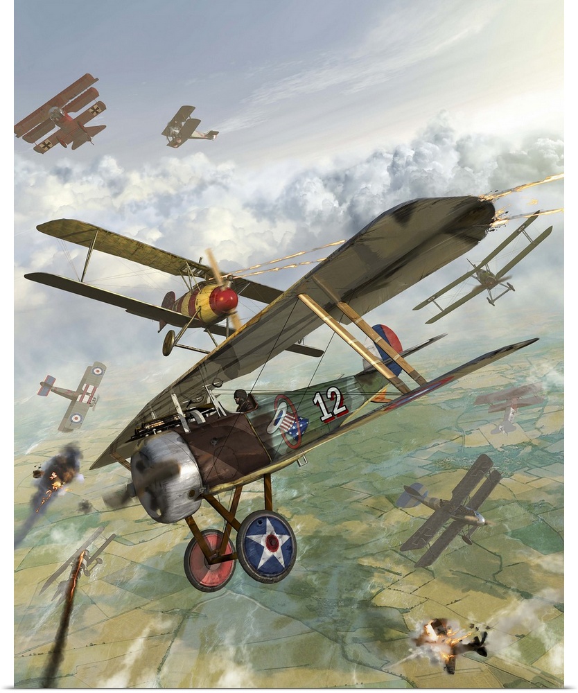 World War I U.S. bi-plane attacking German bi-planes.
