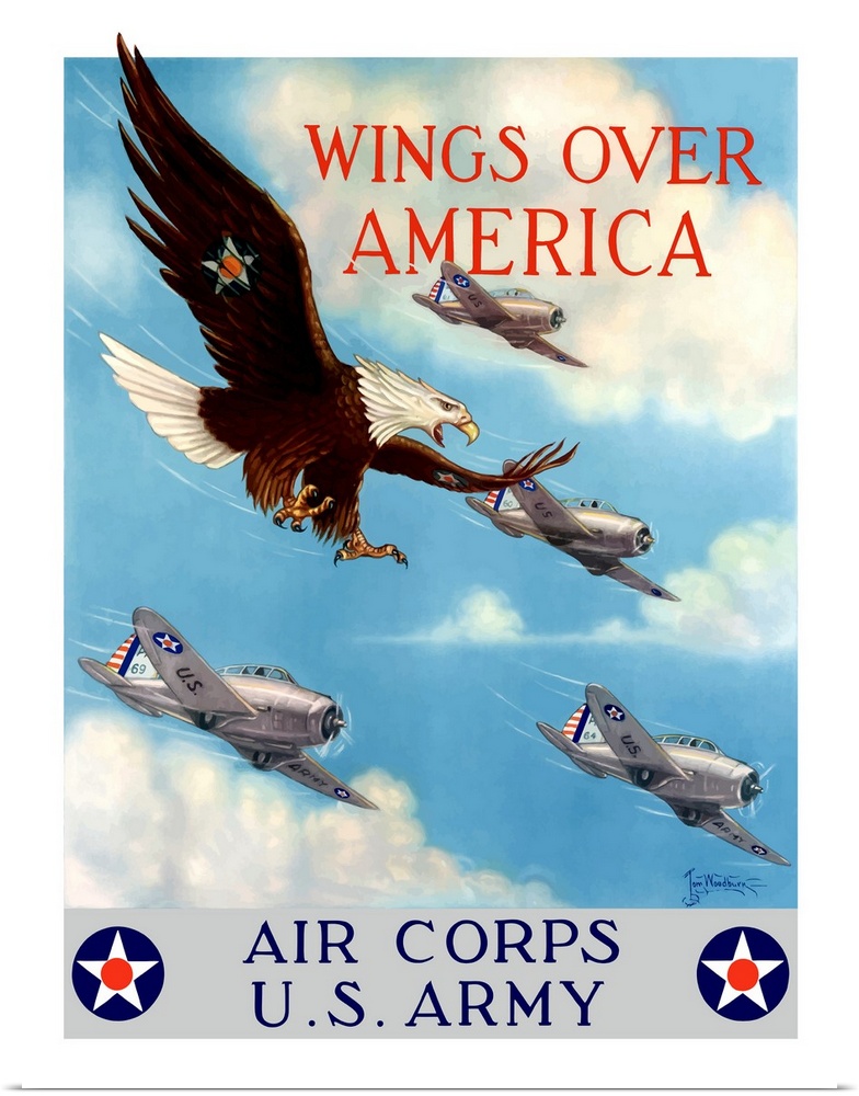 Vintage World War II poster of a bald eagle flying in the sky with fighter planes. It declares - Wings over America, Air C...