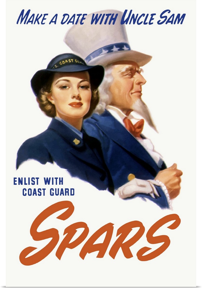 Vintage World War II poster featuring a female Coast Guard Cadet and Uncle Sam. It reads, Make a date with Uncle Sam, Enli...