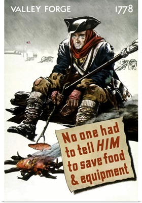 World War II poster of a Revolutionary War soldier cooking over a fire