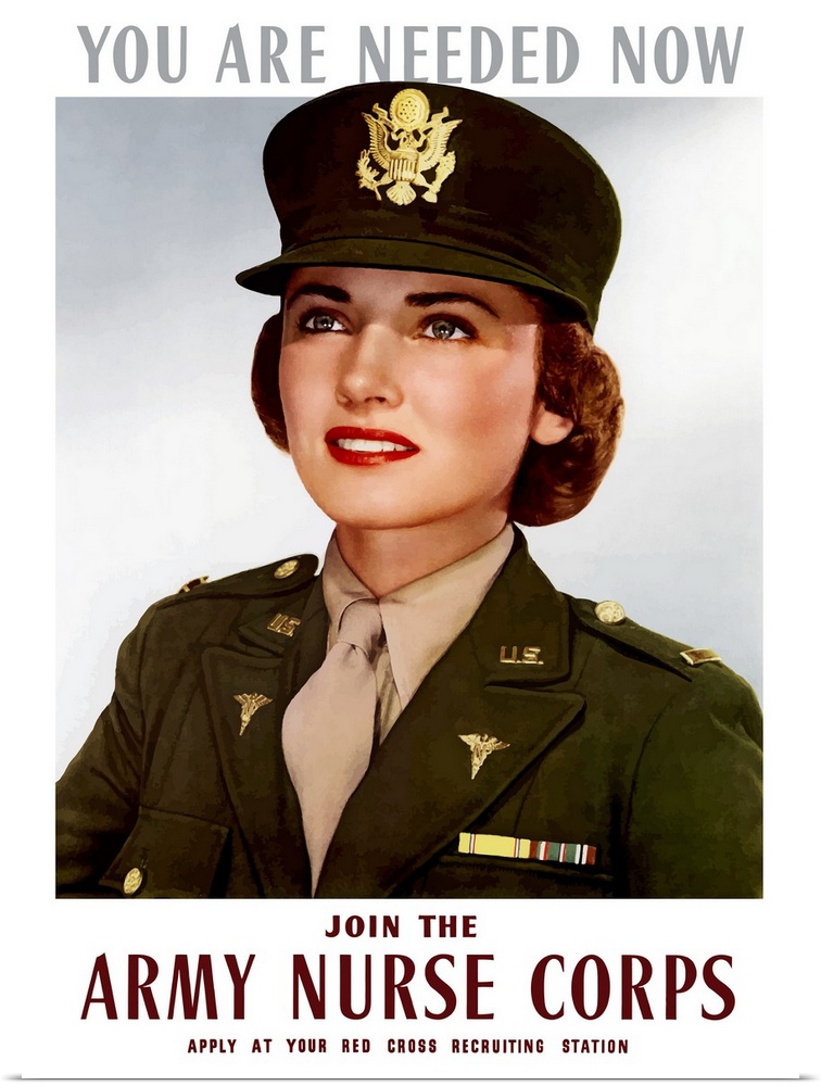 Vintage World War II poster of a smiling female officer of the U.S. Army Medical Corps. It reads, You Are Needed Now, Join...