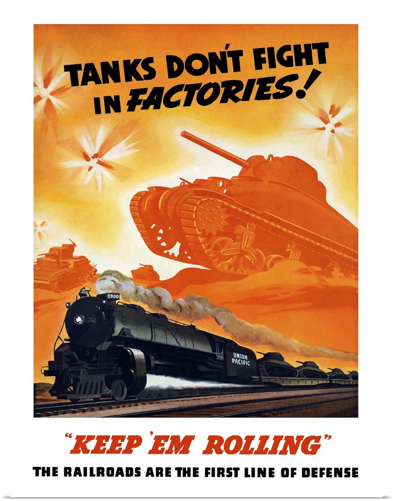Vintage World War II poster of tanks rolling into battle and a locomotive steaming down the tracks. It reads, Tanks don't ...