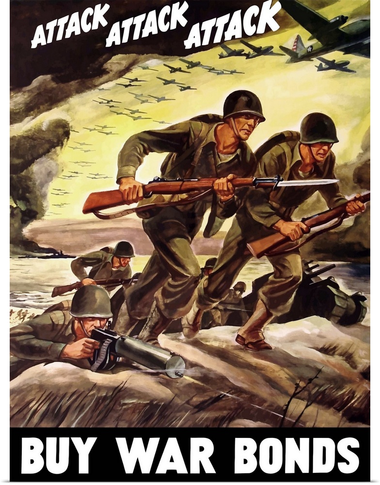 Vintage World War II propaganda poster featuring soldiers assaulting a beach with rifles, and bombers flying through the s...