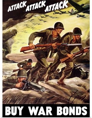 World War II propaganda poster of soldiers assaulting a beach with rifles