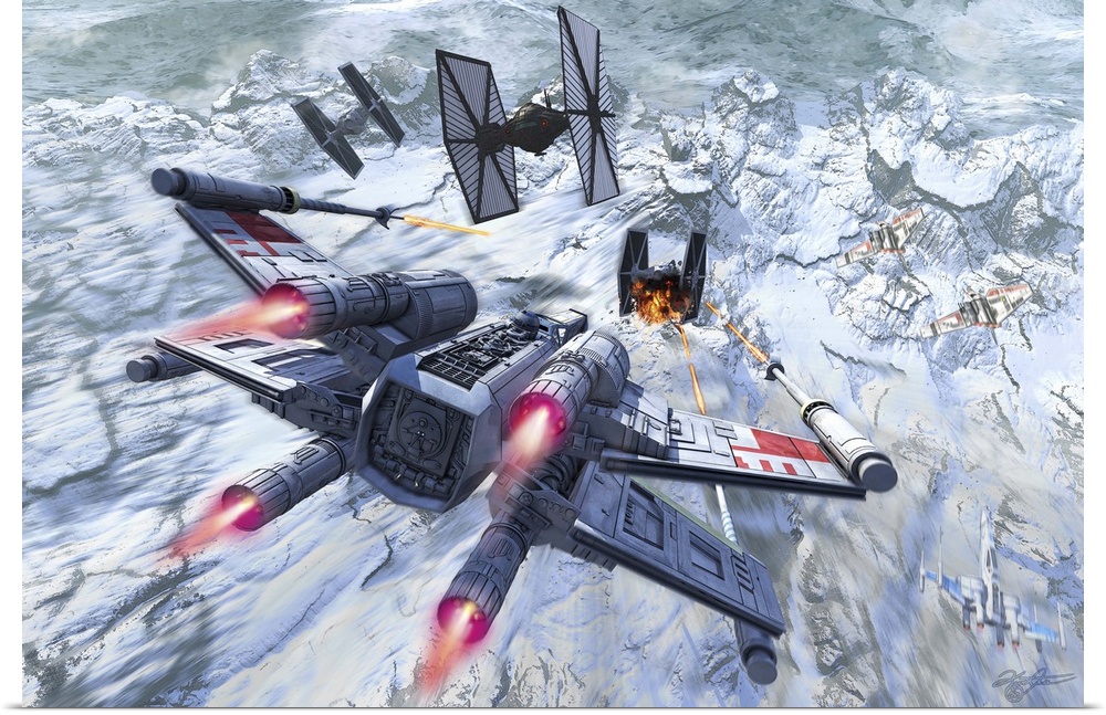 Battle between an X-Wing and several TIE Fighters.